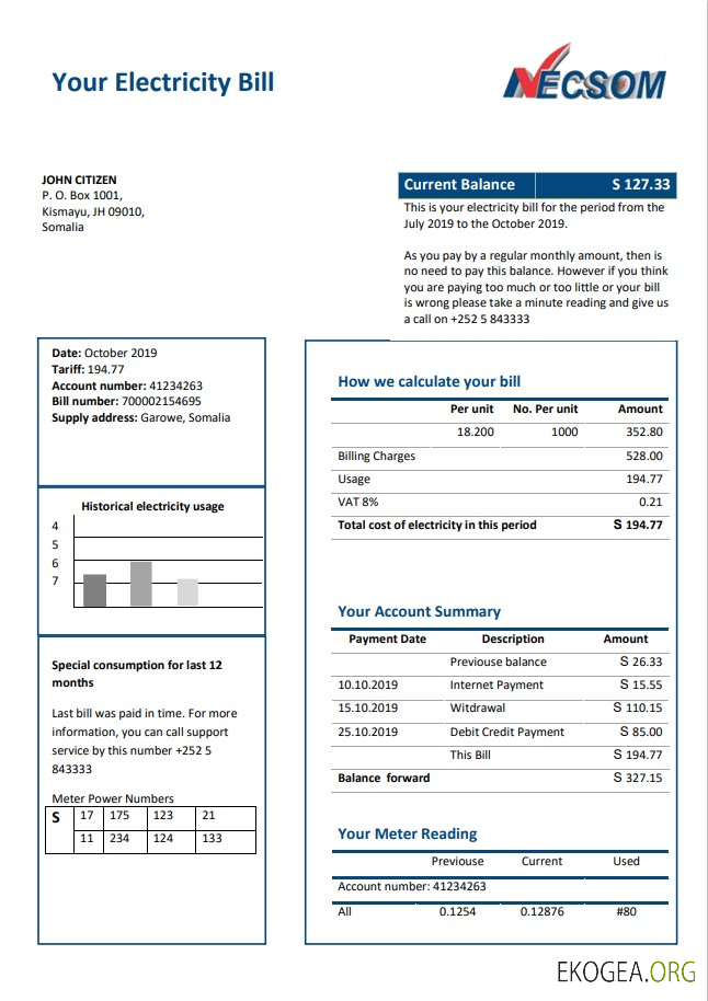 Somalia NESCOM Company electricity utility bill template in Word and PDF format